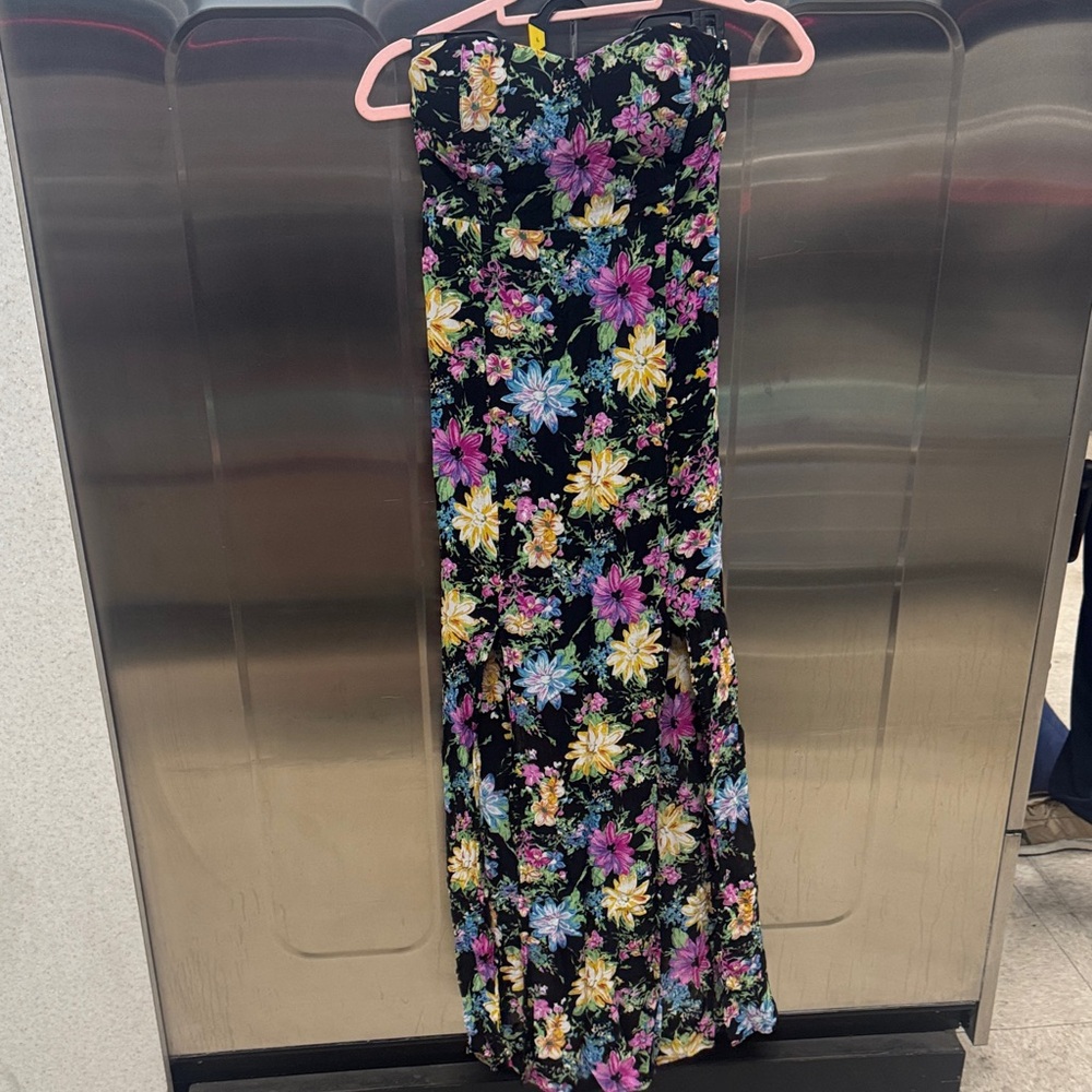 Reverse Floral Strapless Dress - Black, Purple, Yellow, Blue